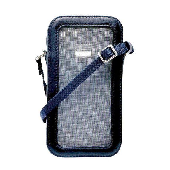 Auth Christian Dior Phone Holder Navy Canvas/Leather/Silvertone - Picture 1 of 14